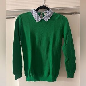 J. Crew Green Crewneck Sweater with Striped Collar